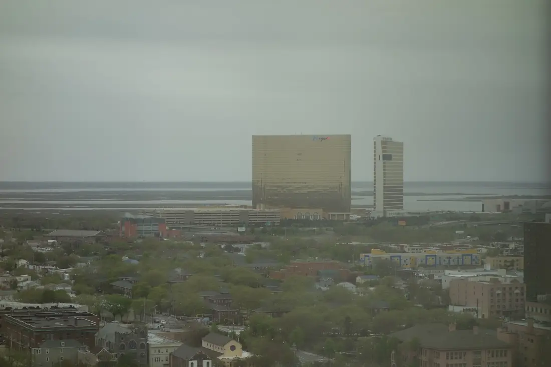 Distant view of the gold Borgata hotel tower and neighboring tower in 2019