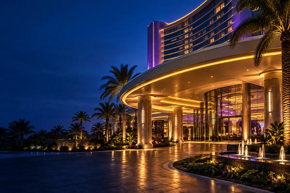 Illustration of a fictional casino resort with a golden entrance and purple lighting
