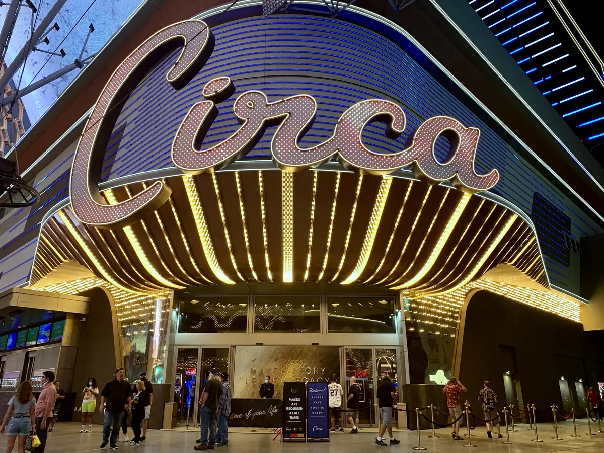 The illuminated Circa entrance on Fremont Street in a 2021 photograph