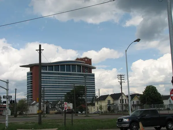 MotorCity Casino Hotel viewed from a nearby street in 2008