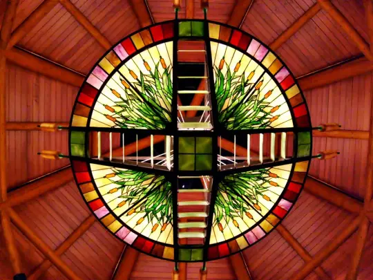 Stained-glass entrance detail at Four Winds New Buffalo